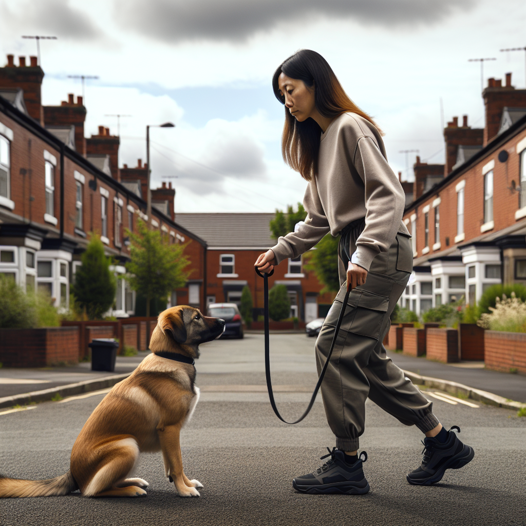 Smart trainer heeling a mixed-breed dog on a quiet Ashton-in-Makerfield street near a green space
