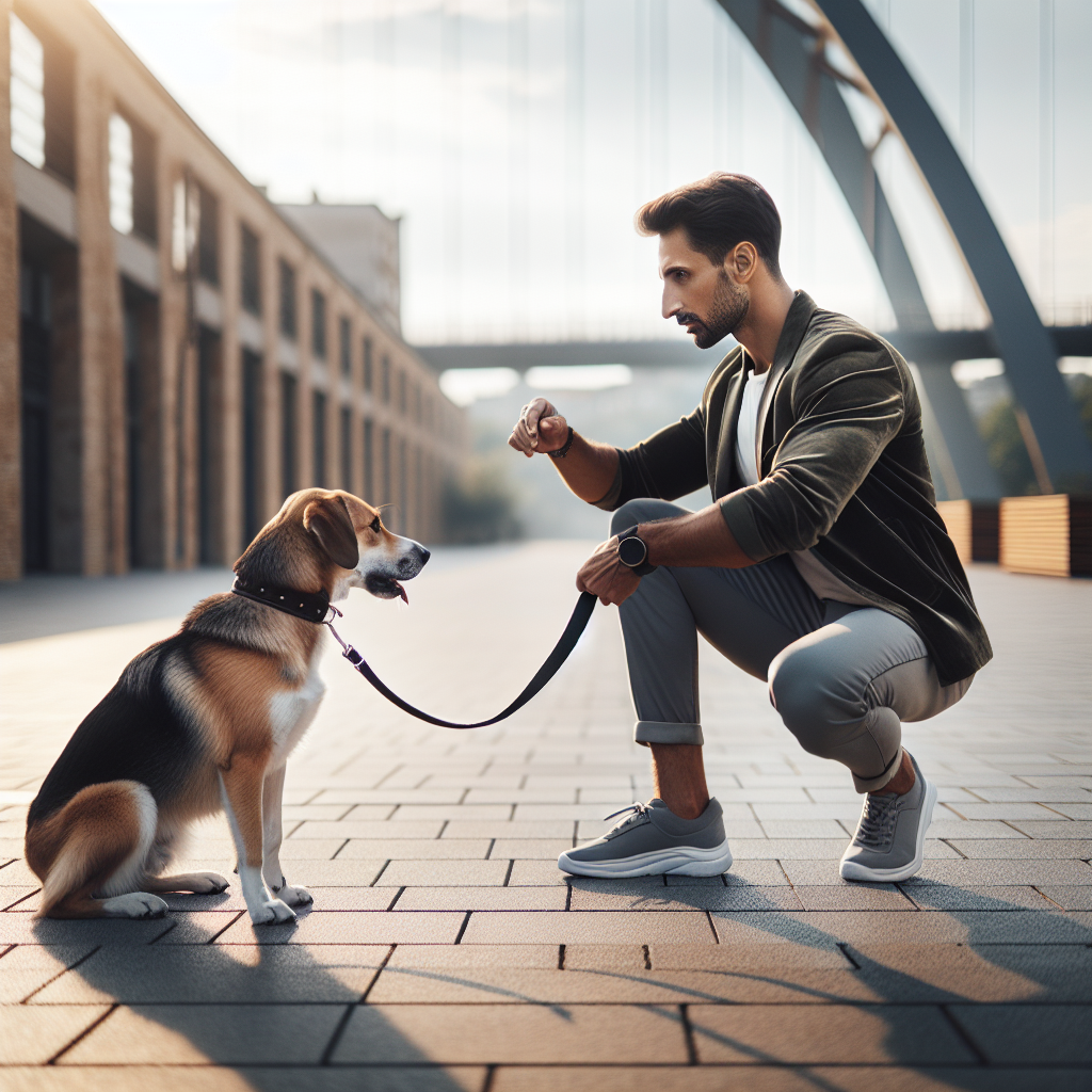 Smart trainer guiding a dog in a calm slow approach toward the handler on a quiet UK pavement