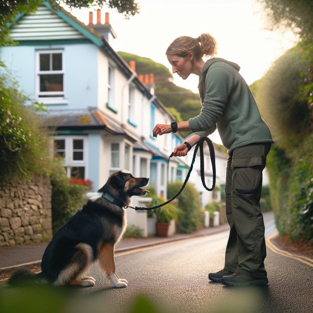 Trainer guiding a mixed-breed dog on a calm heel in a leafy Newport, Isle of Wight street