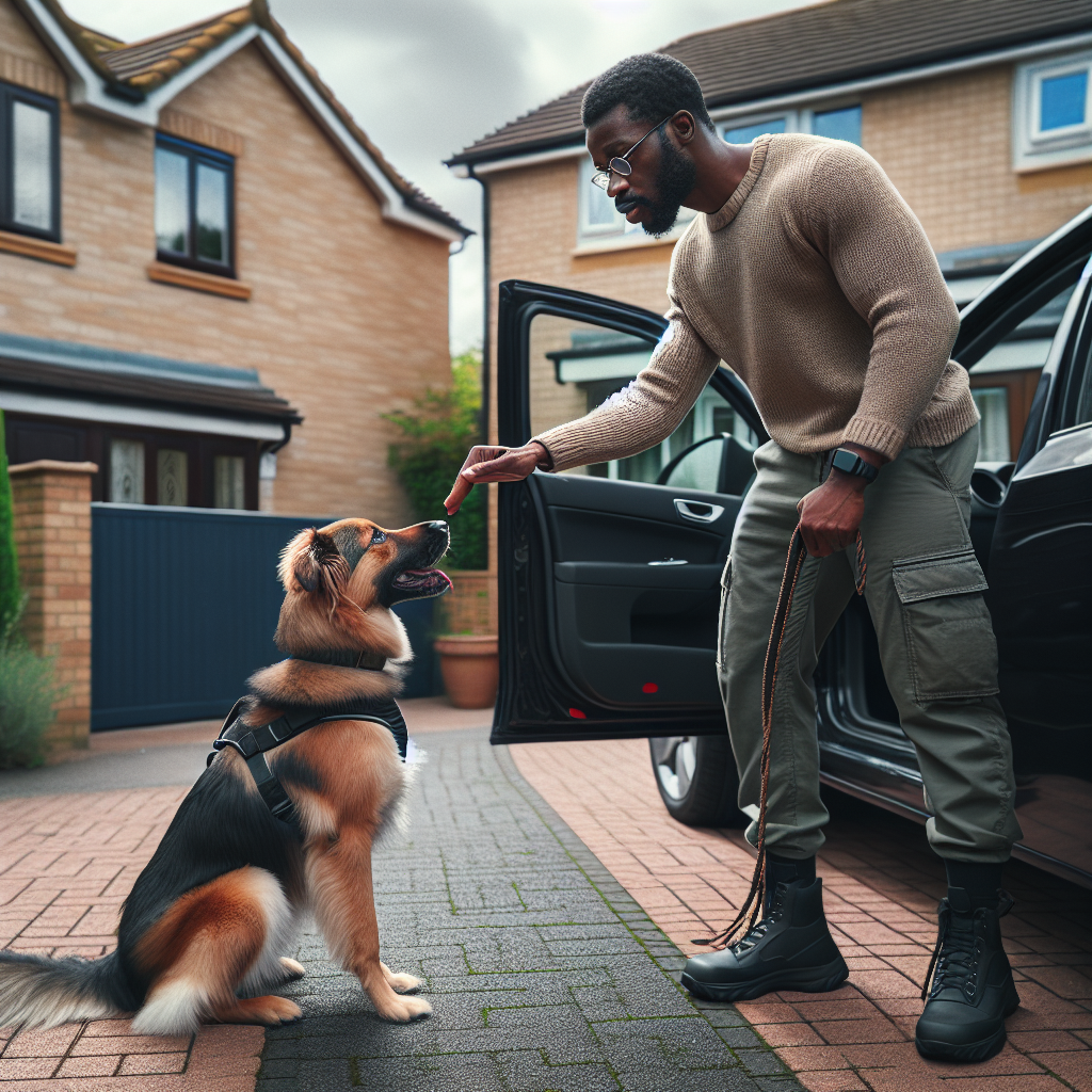 UK trainer teaching a dog to wait calmly beside an open car door on a driveway