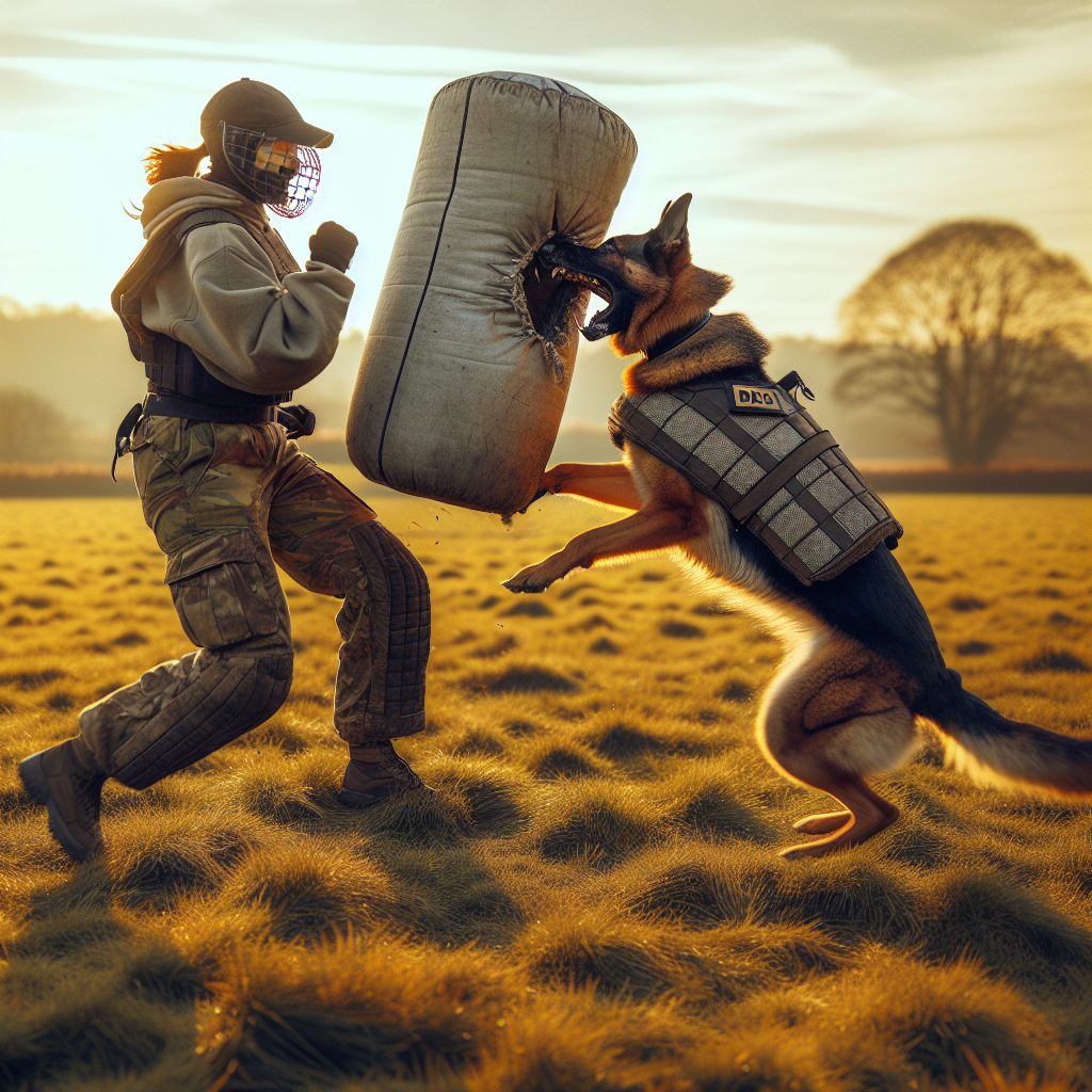 Helper presents an exaggerated sleeve target as a German Shepherd commits to a clean strike on a UK field