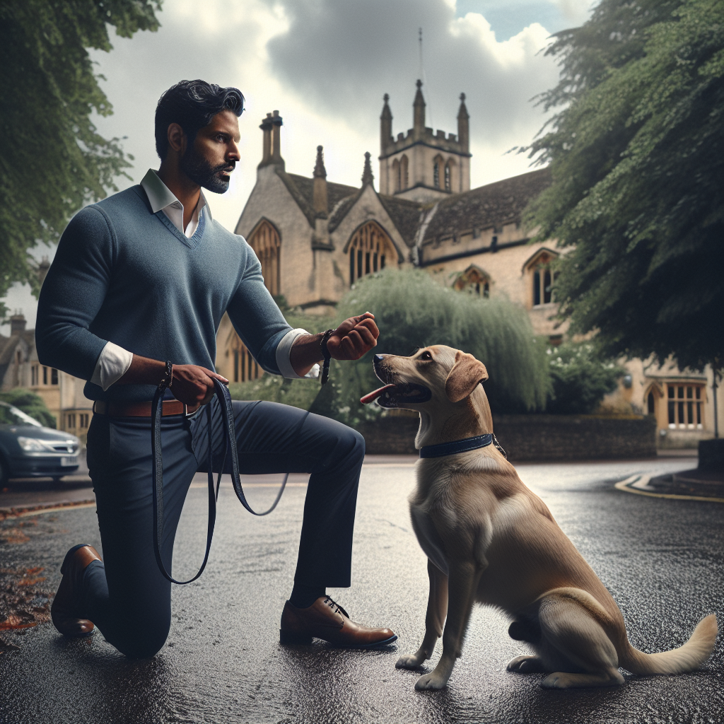 Smart trainer teaching loose-lead heel and place to a mixed-breed dog in a leafy UK town setting