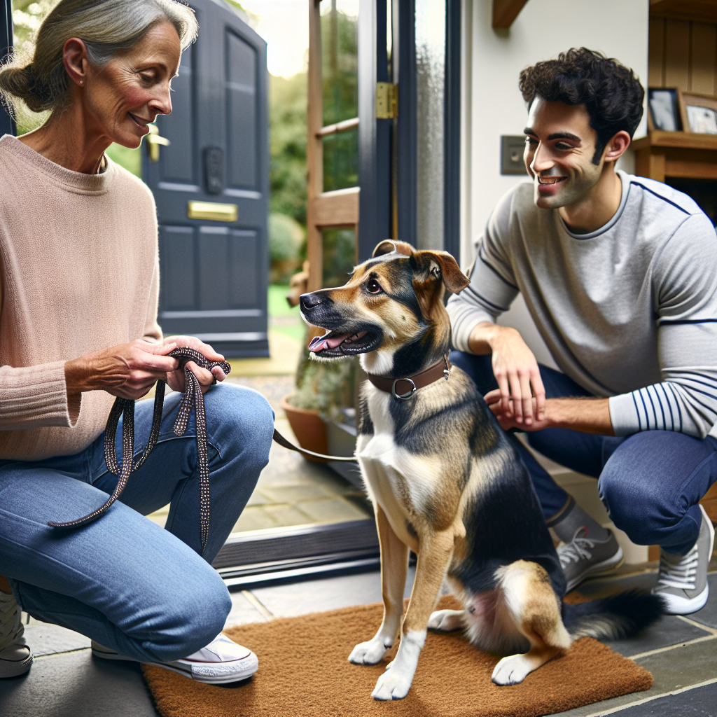 UK dog trainer teaching calm door greetings with a dog sitting on a mat as a guest enters