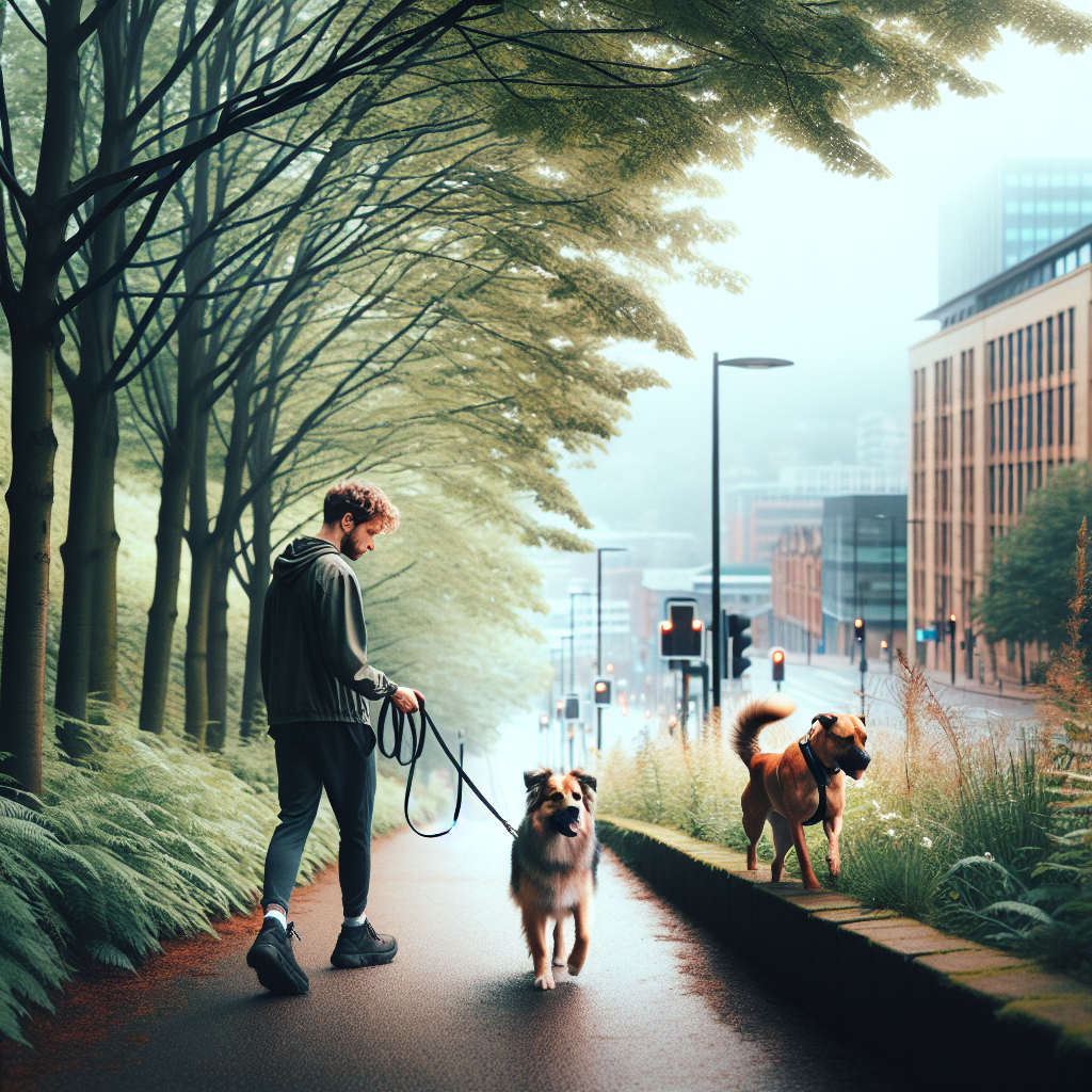 Trainer practising loose lead walking and recall with a mixed-breed dog on a leafy Sheffield path