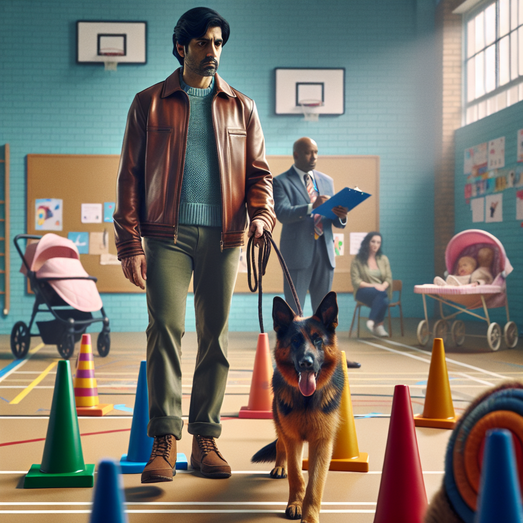Trainer rehearsing trial day layered distractions with a German Shepherd in a UK sports hall