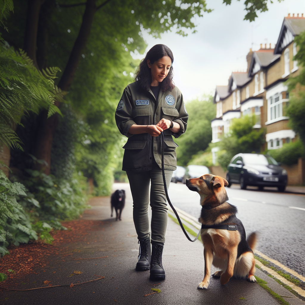 Smart trainer coaching a dog on loose-lead walking and recall in a leafy Barnet street and green space