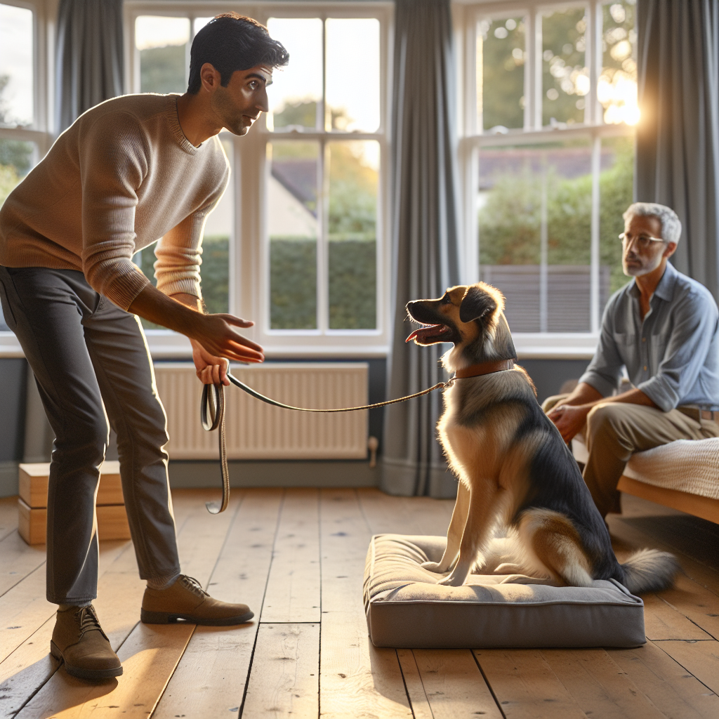 UK trainer guiding a mixed breed dog to settle calmly on a raised bed at home