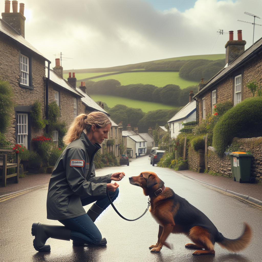 Trainer practising loose lead walking with a mixed breed dog on a quiet South Hams village street