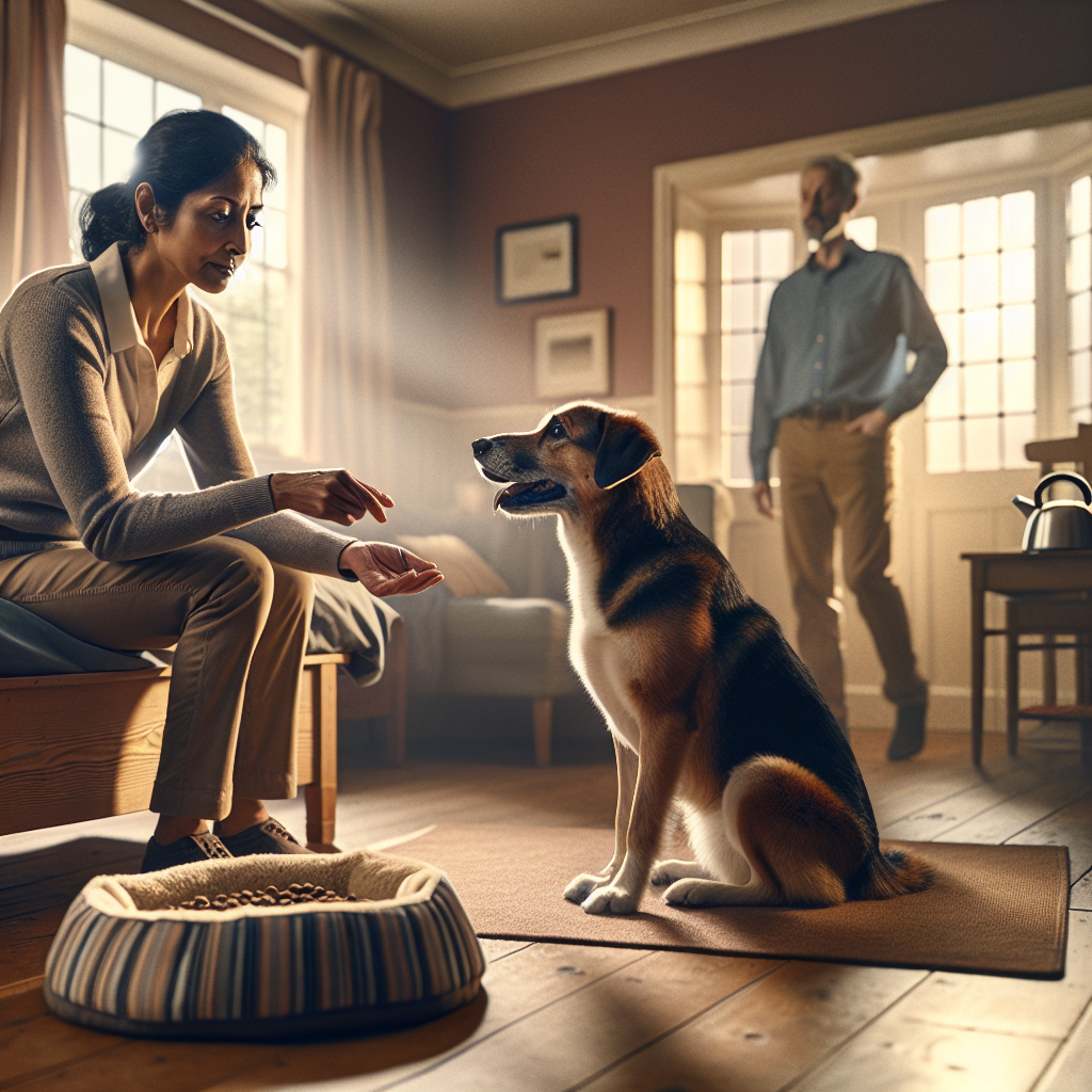 Dog holding a calm down on a raised bed while a trainer coaches stillness in a UK home