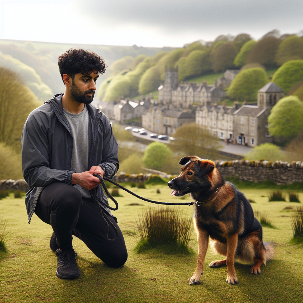 Trainer guiding a mixed breed dog on loose lead and recall in a green hillside near a historic stone town