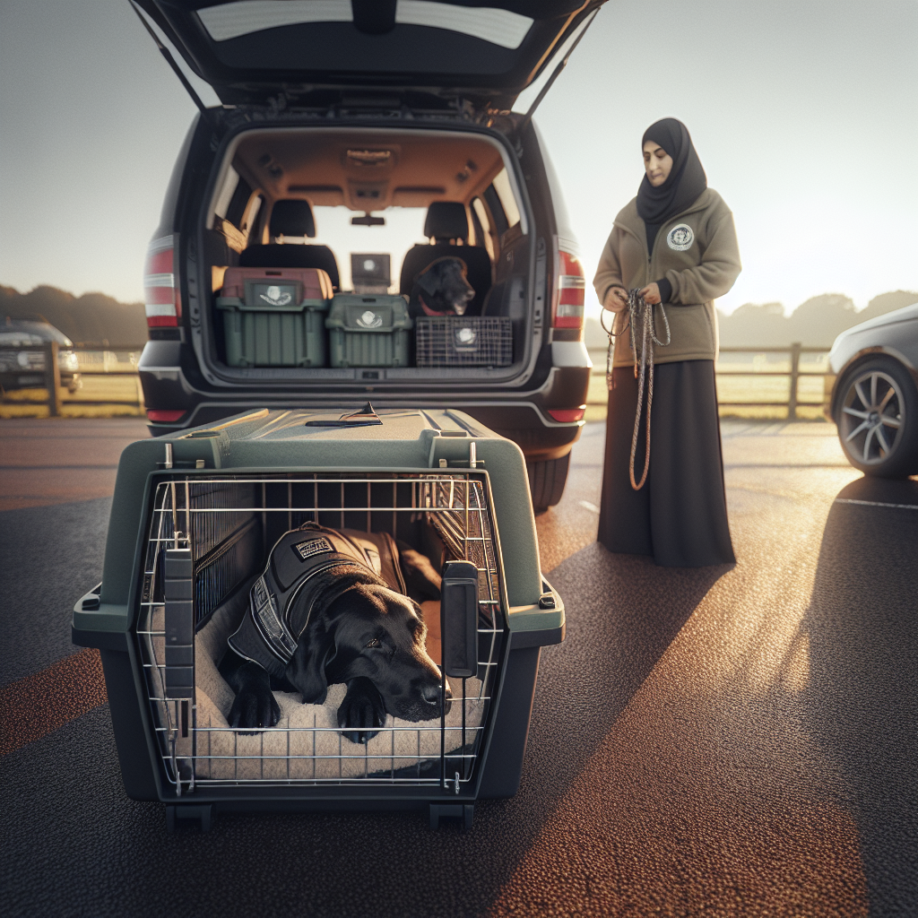 Working breed dog calmly resting in a travel crate at a UK trial car park with trainer nearby