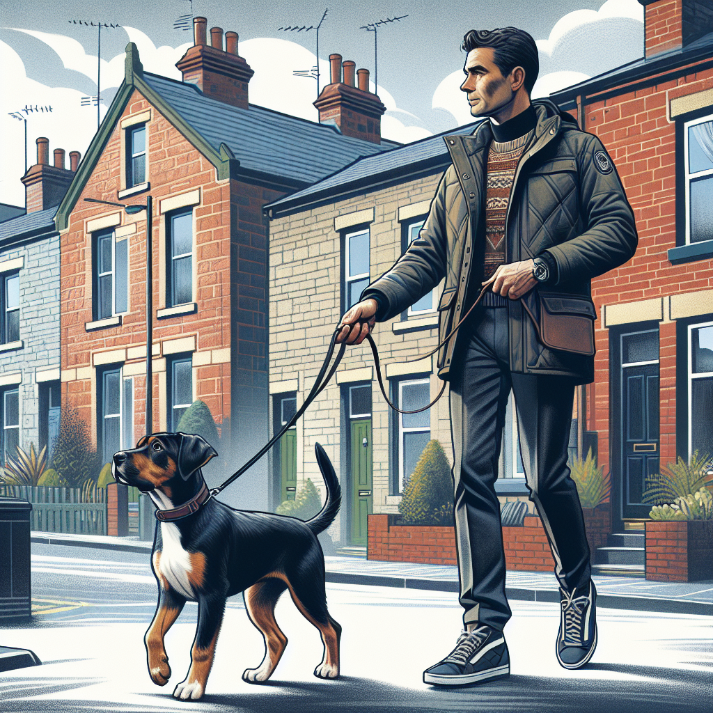 Trainer coaching a mixed breed dog on loose lead walking in a Middleton street