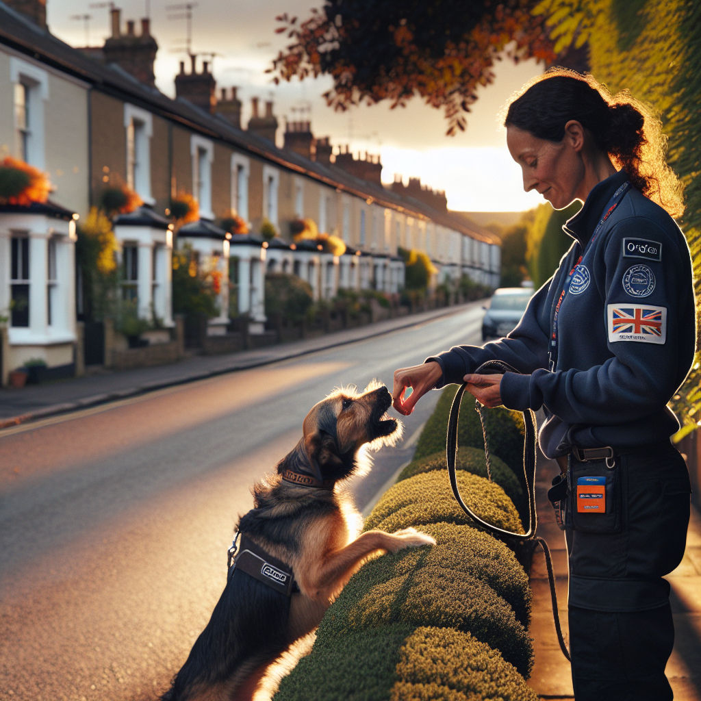 Trainer permits a mixed breed dog to sniff a hedge after a check in during a UK street walk