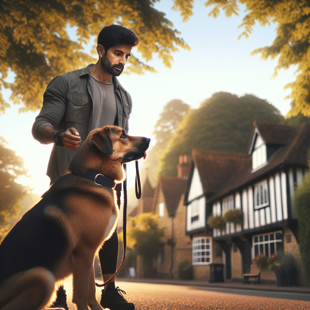 Trainer practising loose lead heel with a focused dog in a leafy Guildford setting