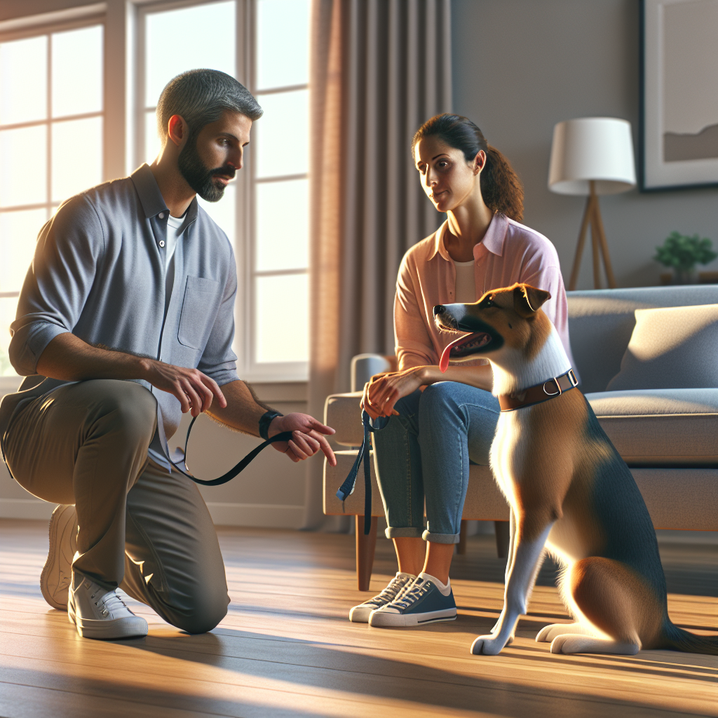 Smart trainer helping an owner retrain old cues with a focused sit in a UK home living room