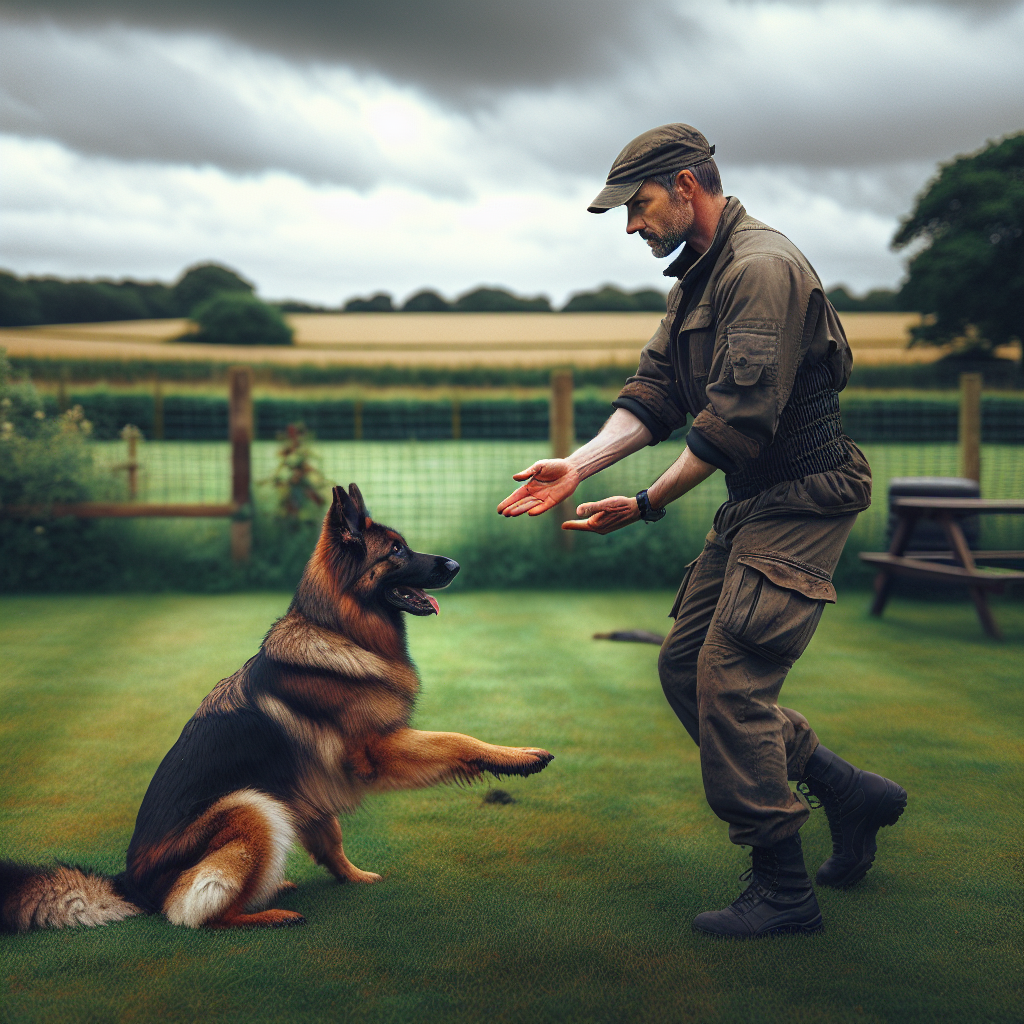 Trainer practising sit, down, and stand in motion with a focused German Shepherd on a UK field