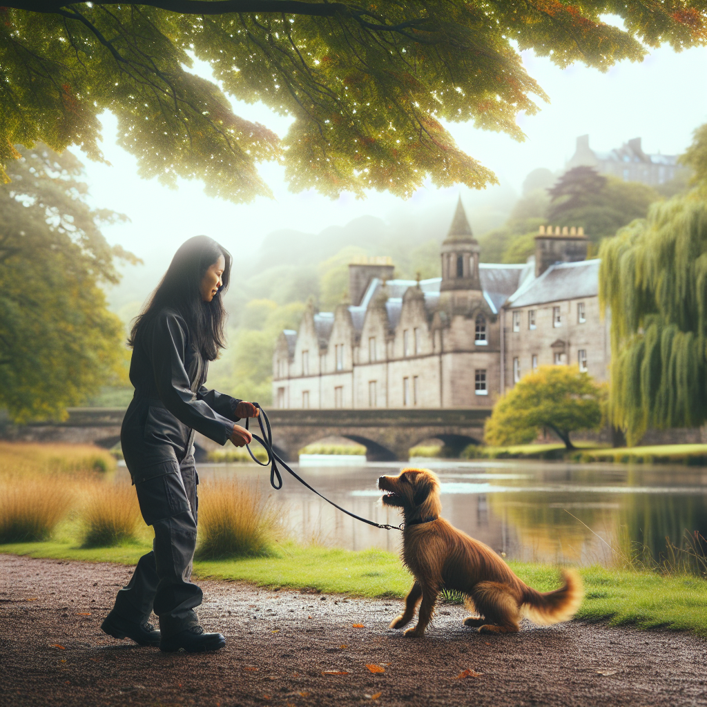 UK dog trainer practising loose lead walking and recall with a mixed-breed dog beside a riverside park in a historic Scottish town