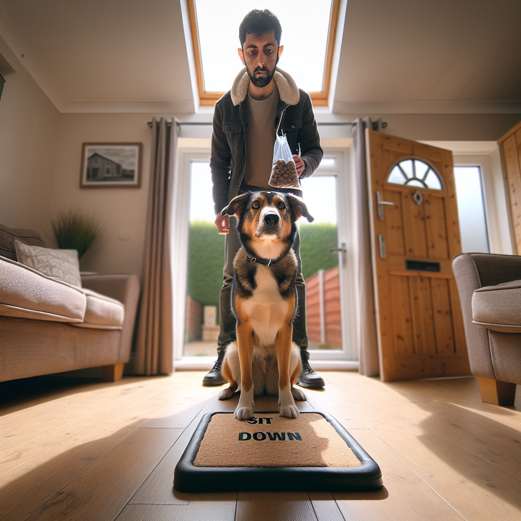 UK trainer guiding a mixed-breed dog through sit, down, and stand on a place bed in a bright living room