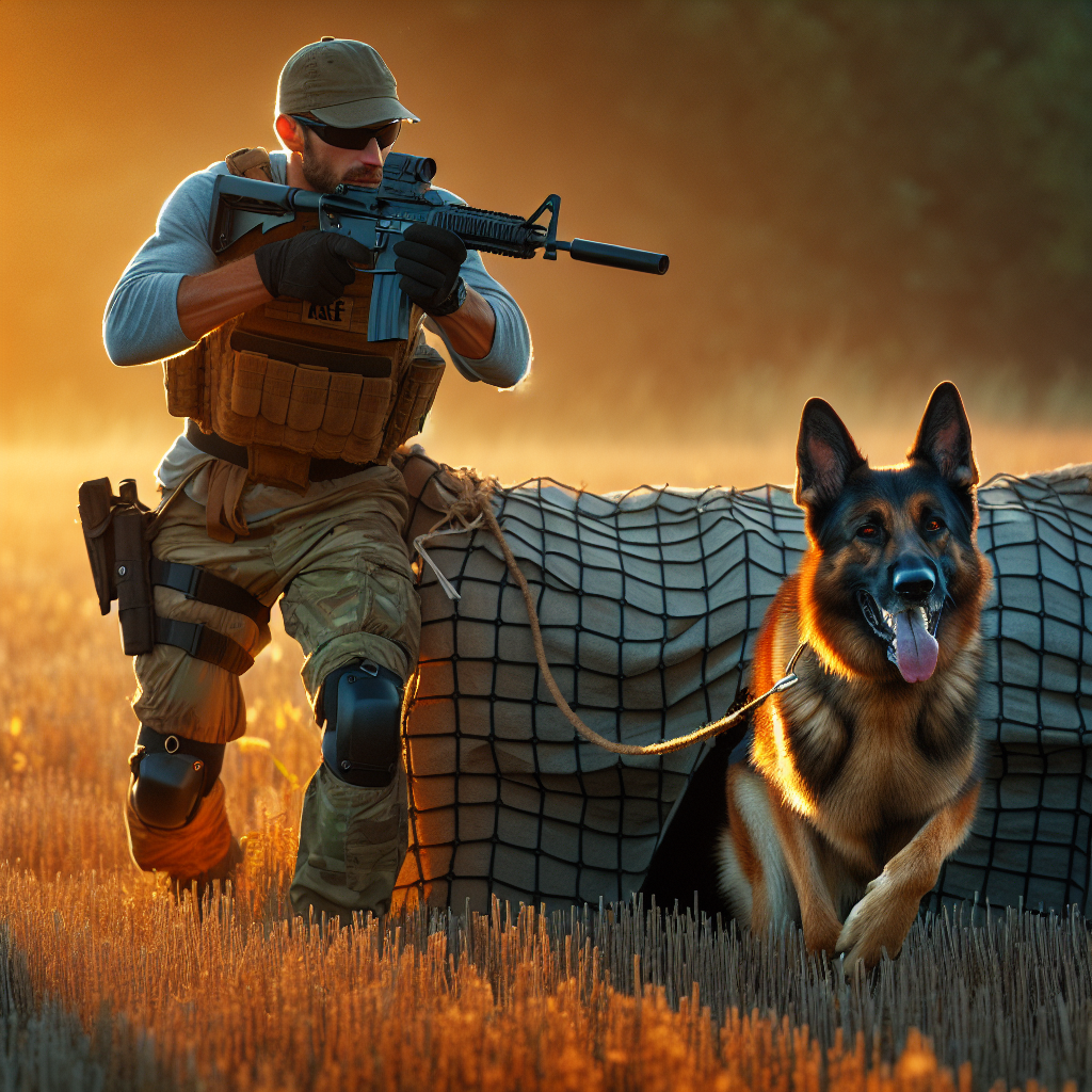 German Shepherd holding a helper in a blind during IGP training with controlled pressure at sunset