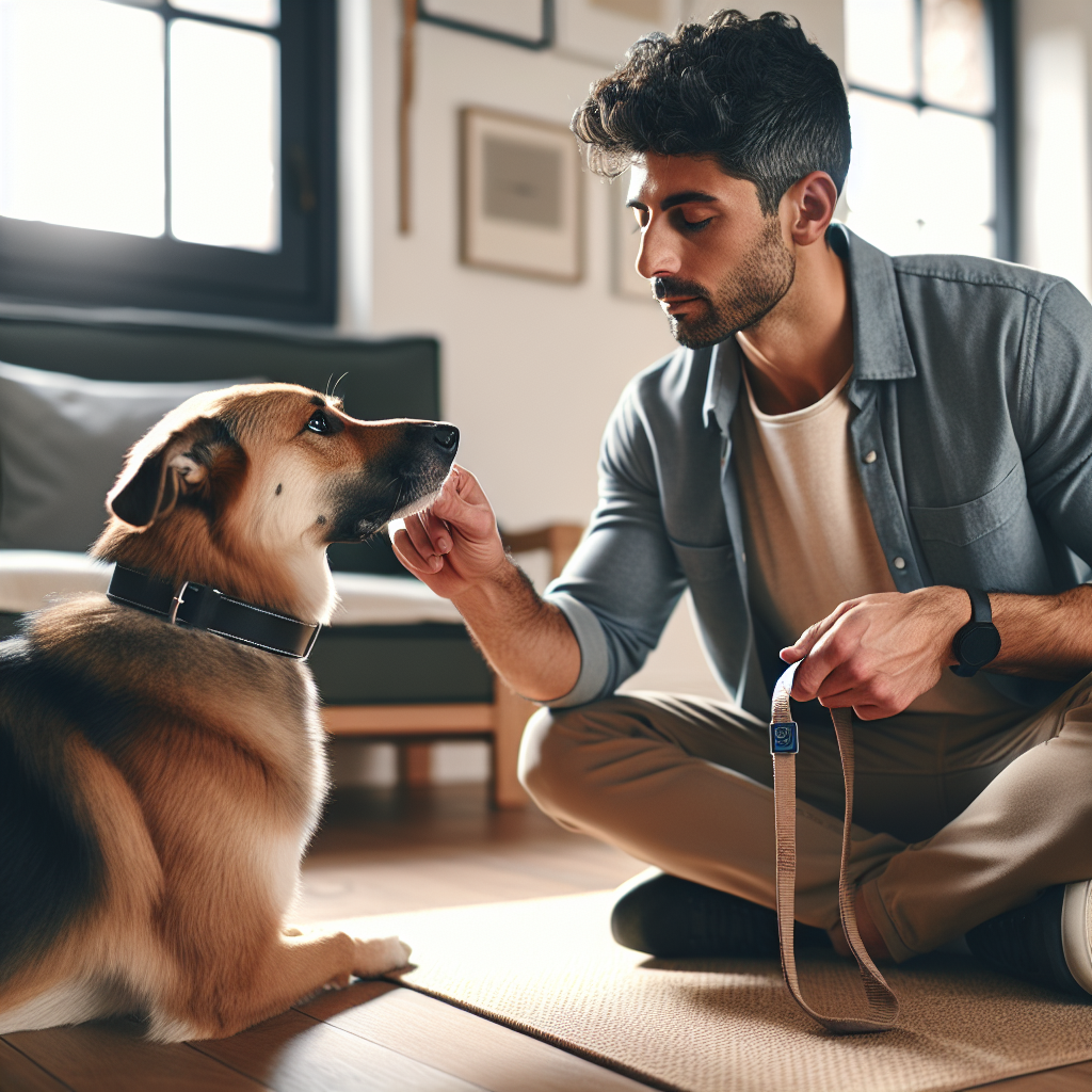 Trainer rewards a calm pause as a dog settles on a mat in a UK home
