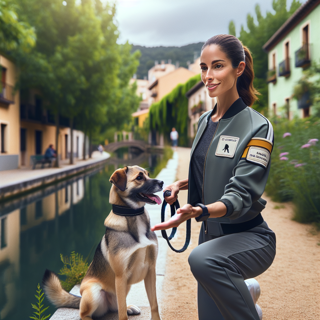 Trainer and attentive dog practising loose lead walking beside a canal path in a leafy UK town