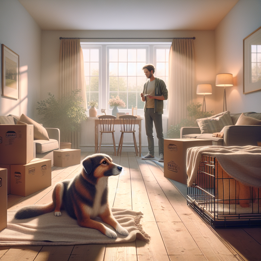 Dog relaxing on a bed near a crate as a trainer guides Place in a bright UK living room after moving