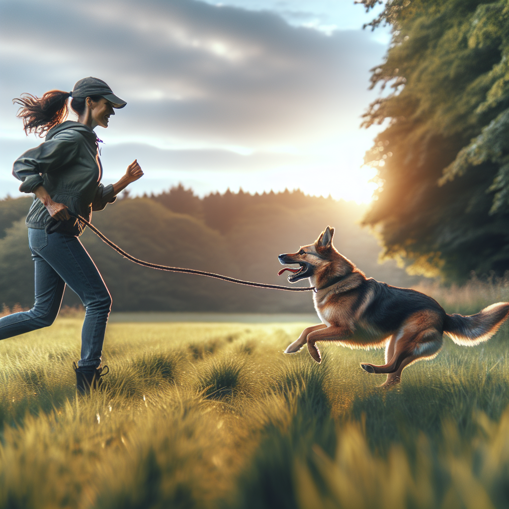 Trainer practising long line recall with a high drive dog sprinting back across a UK field