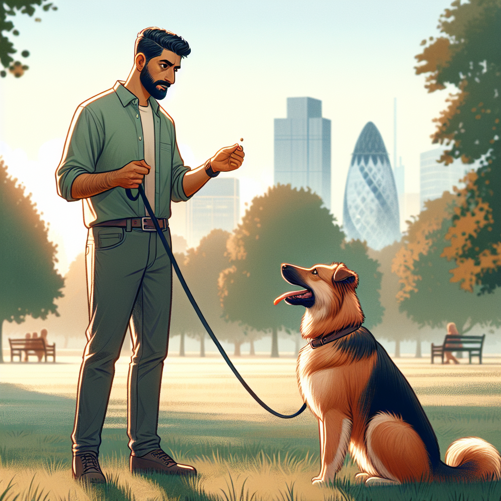 Trainer working on loose lead walking and recall with a mixed-breed dog in a London park