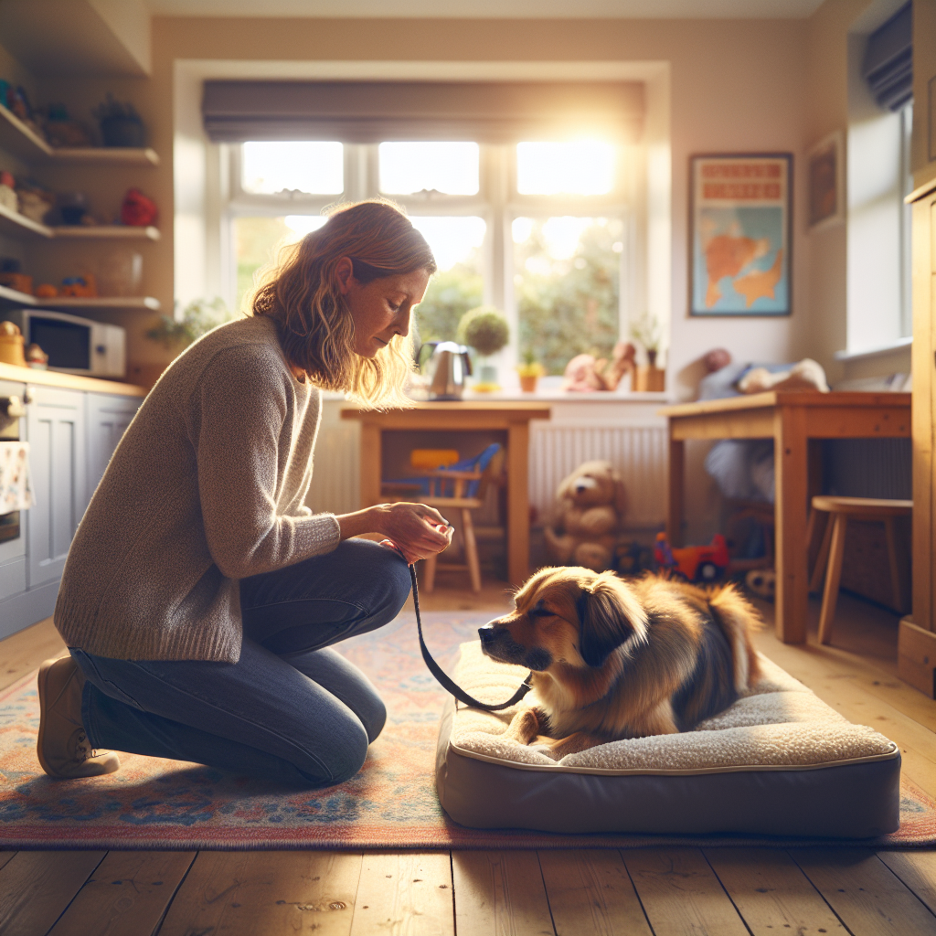 Certified trainer guiding a mixed breed dog to relax on a raised bed during a structured downtime session in a UK home