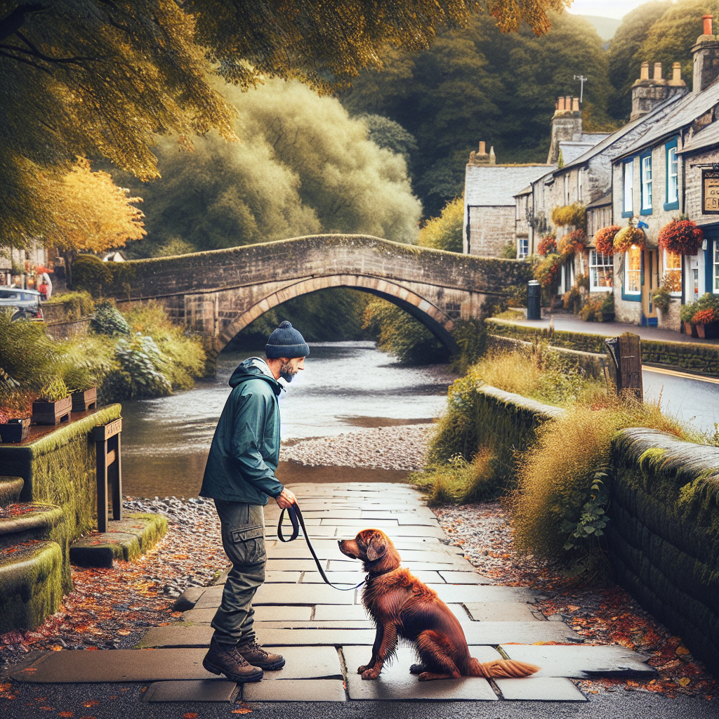 UK trainer teaching loose lead walking with a mixed breed dog beside a stone bridge and riverside path