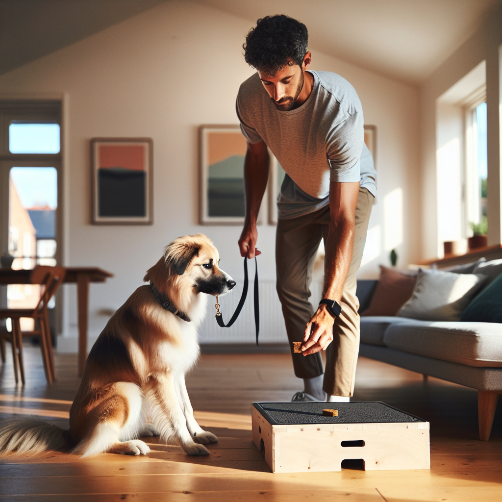 Trainer guiding a dog onto a position box in a modern UK home, rewarding calm focus