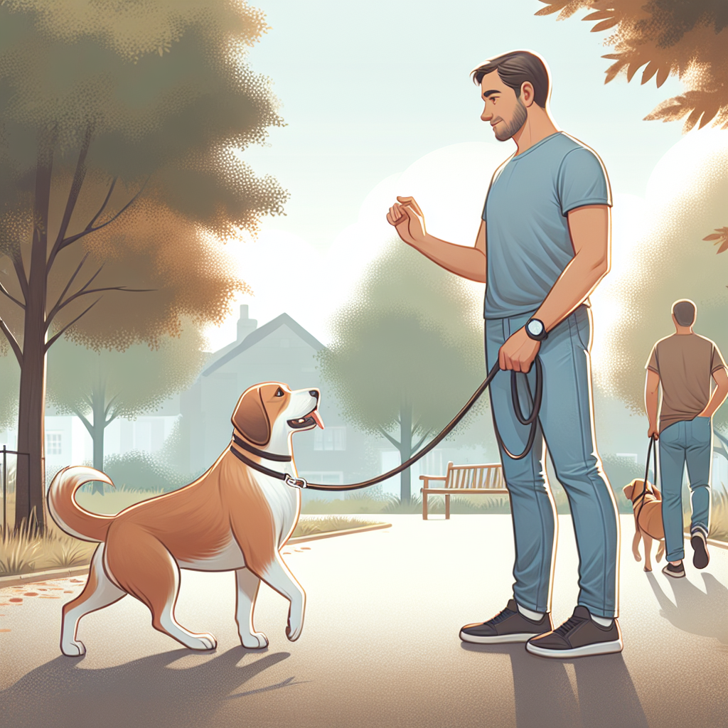 Owner and dog practising a calm walk past another dog on a loose lead in a UK park