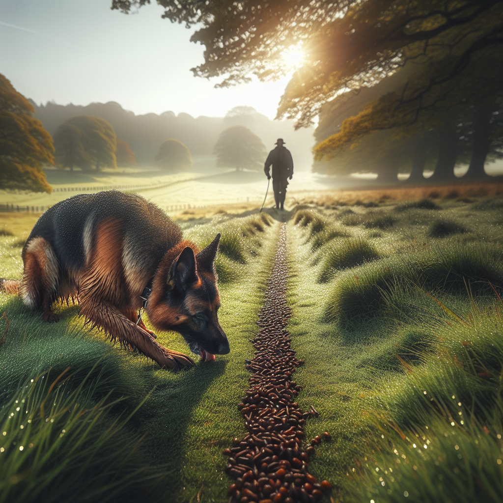 German Shepherd tracking on dewy grass with food pieces and a long line handled by a UK trainer at dawn