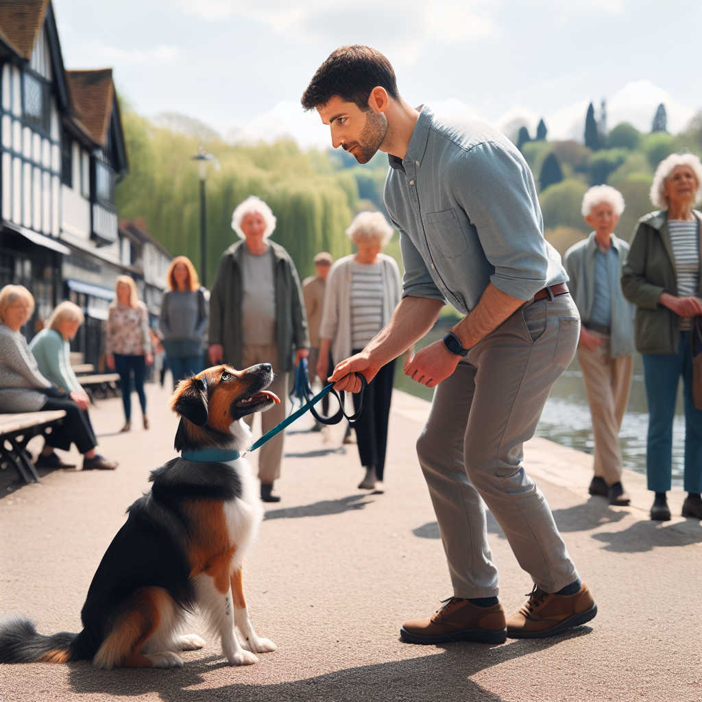 Trainer practicing loose-lead heel with a mixed-breed dog by a riverside path in Stratford-upon-Avon