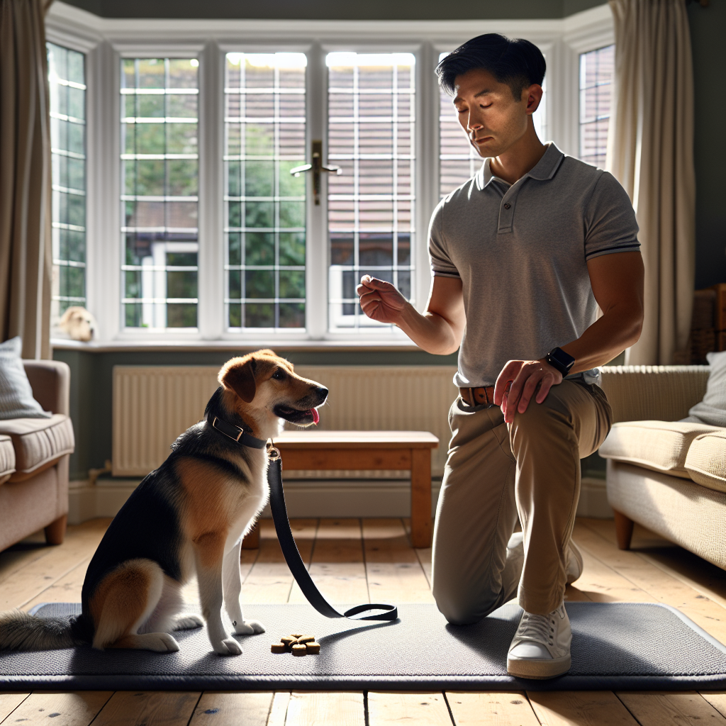 Trainer calmly ending a dog training session with a dog settling on a mat in a UK home