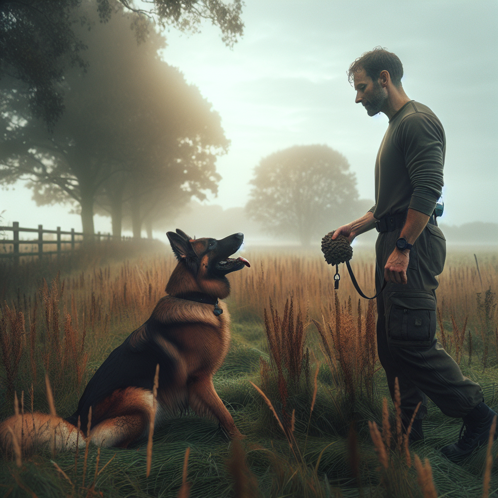 IGP trainer testing arousal markers with a high-drive German Shepherd in a UK field using settle, neutral, and active cues