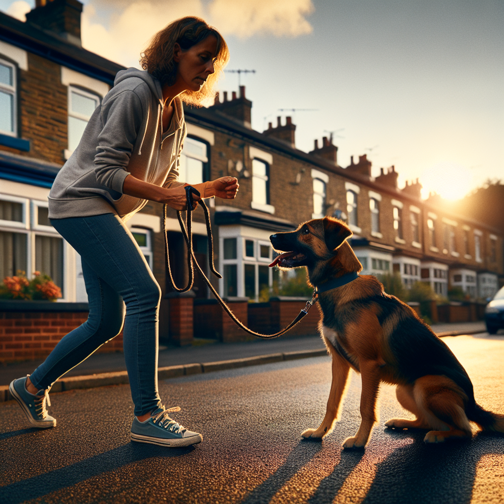 Trainer practising loose-lead walking with a focused dog on a quiet Atherton street at dusk