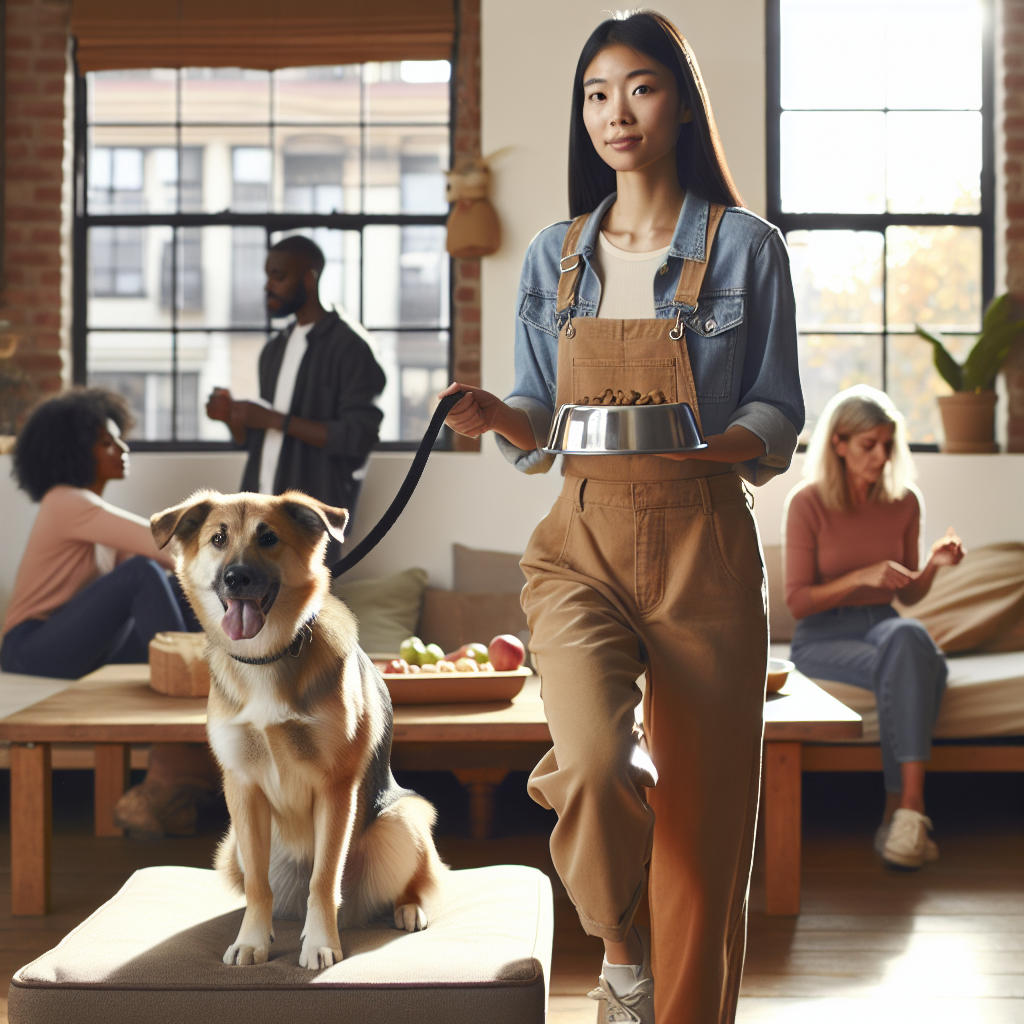 Trainer teaching a dog calm place duration while a family moves around at home
