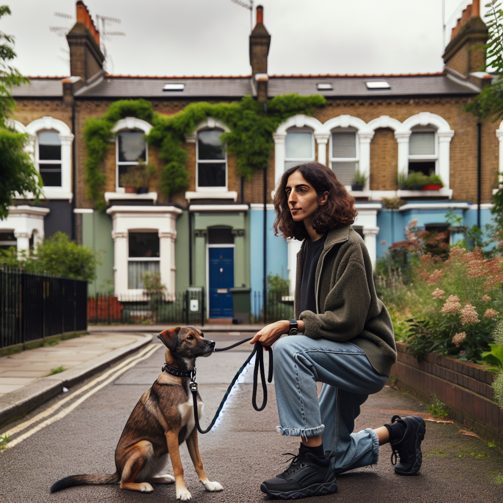 Trainer teaching loose lead walking to a mixed-breed dog on a leafy South London street