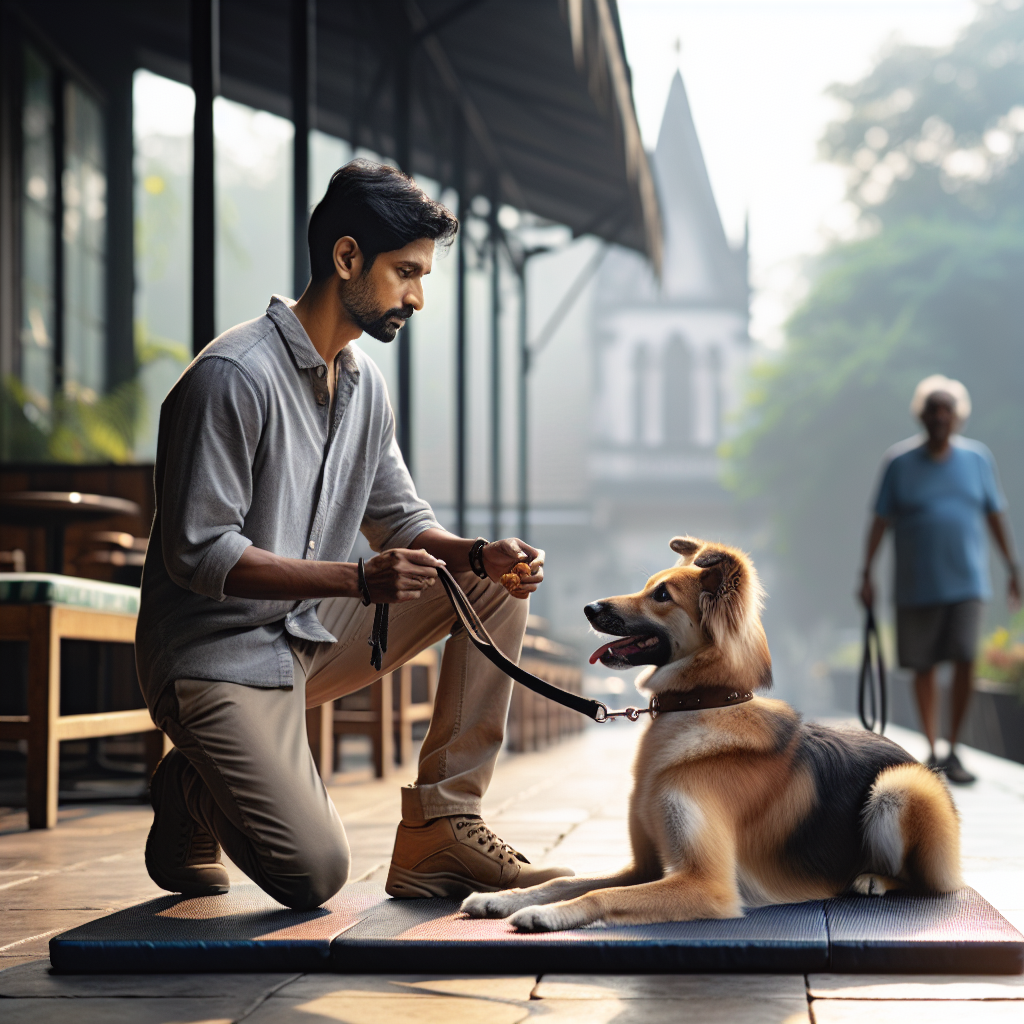 UK trainer guiding a shepherd mix in a relaxed down while holding eye contact on a cafe terrace
