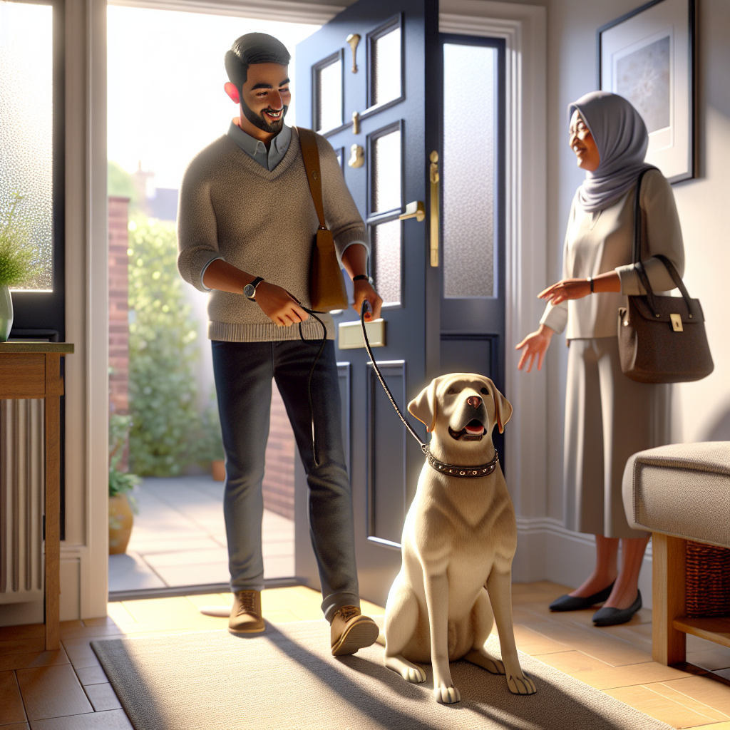 Trainer guiding a Labrador to greet calmly on a place bed as a guest enters a UK home