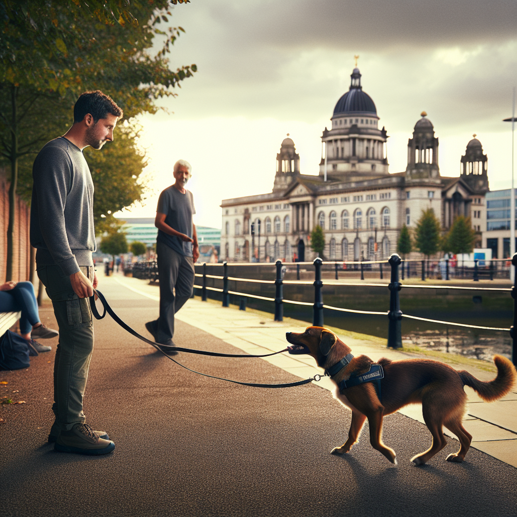 UK trainer practising loose lead walking and recall with a mixed breed dog in a waterfront park