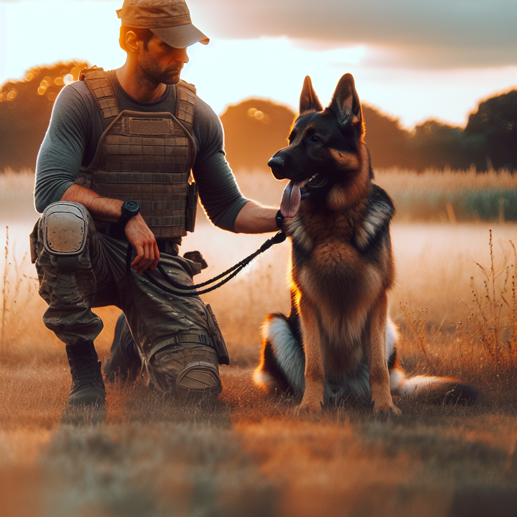 Trainer and German Shepherd taking a calm break between IGP obedience sets in a UK field