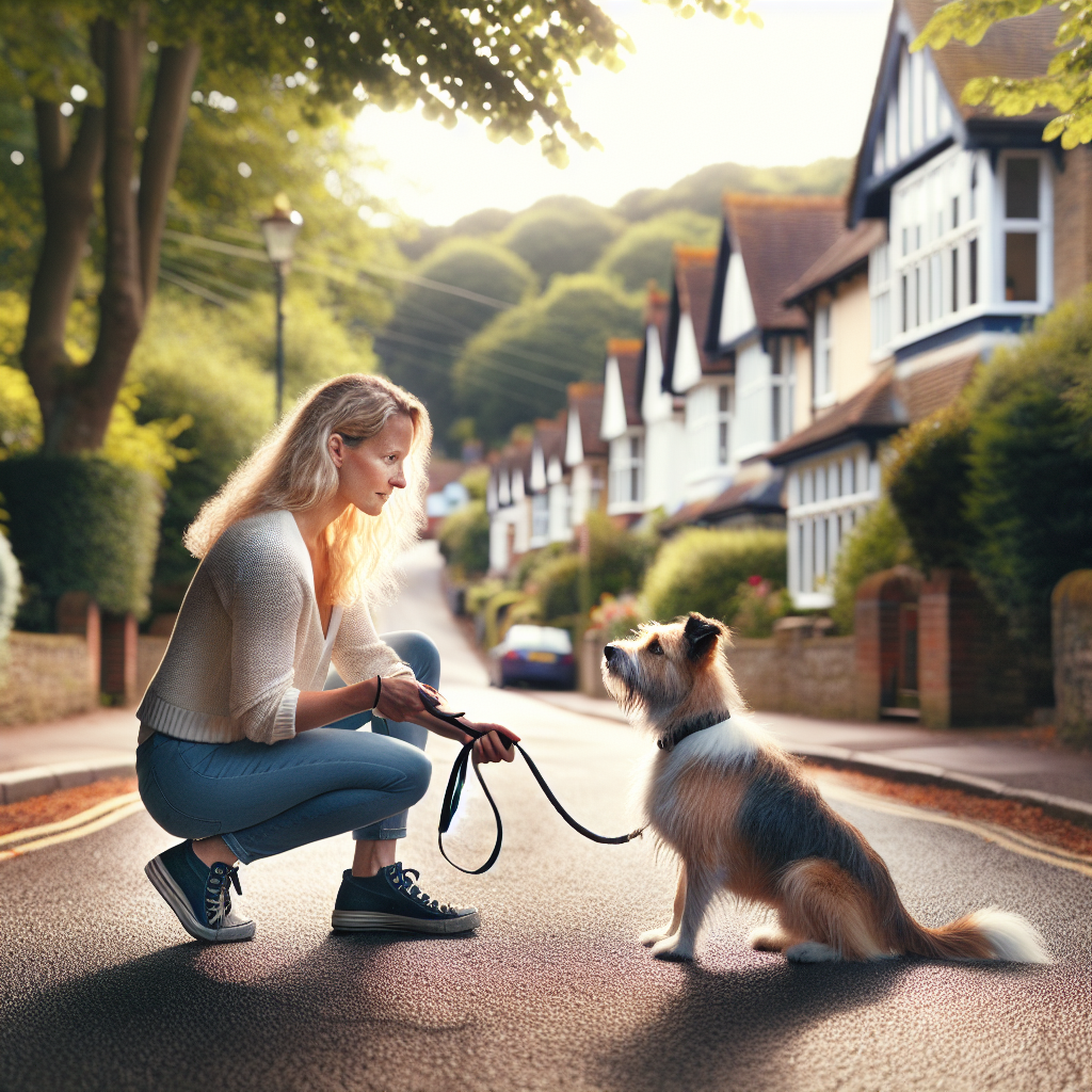 Smart Master Dog Trainer practising loose lead walking and recall with a dog on a leafy Waterlooville street