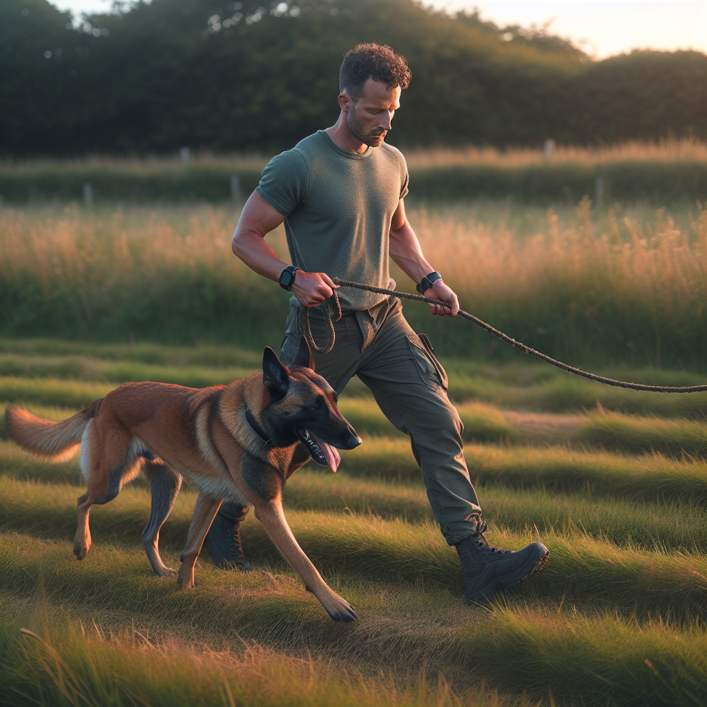 Trainer pacing in a UK field with a calm Malinois on a loose long line, focused and relaxed