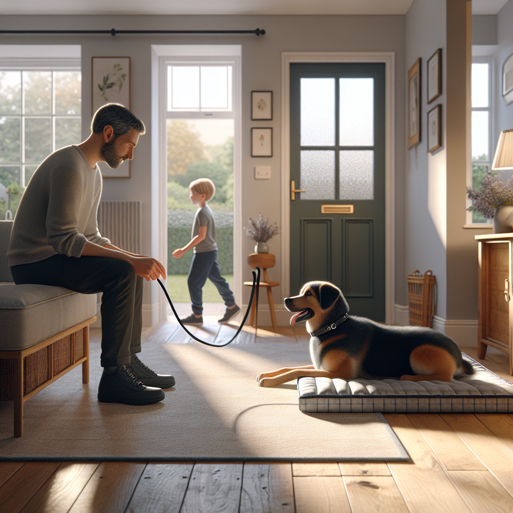 Trainer guiding a calm dog to a raised bed with a loose leash in a UK home