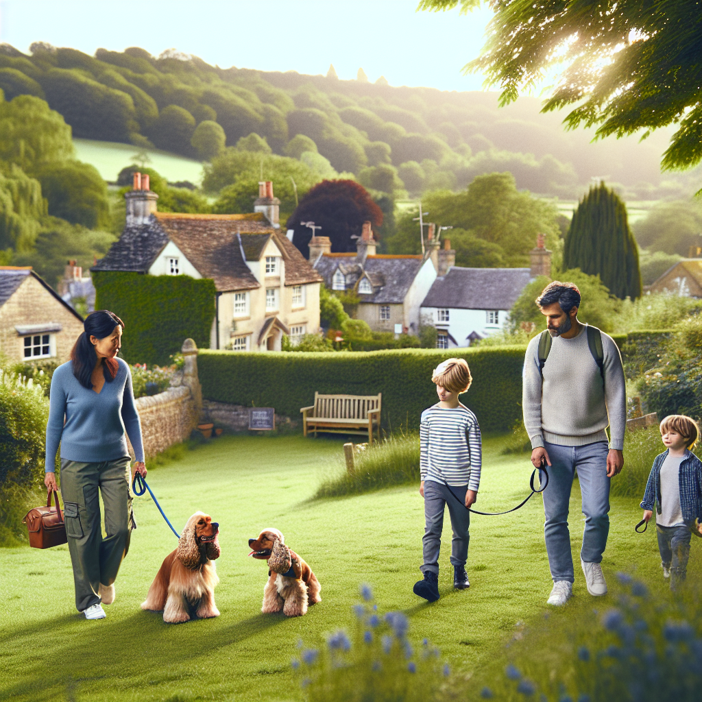Smart trainer coaching a family and cocker spaniel in a leafy hillside park near Great Malvern