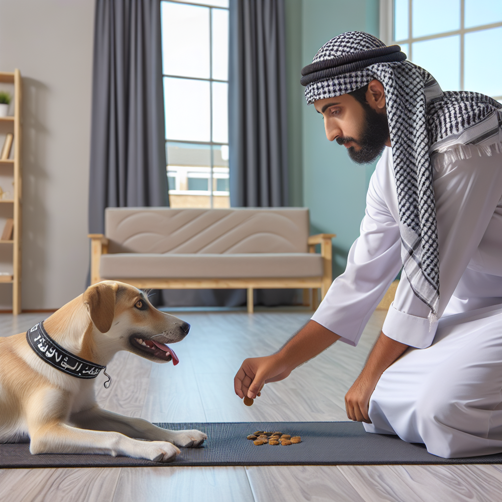 UK trainer rewarding a relaxed dog lying calmly on a mat in a bright living room