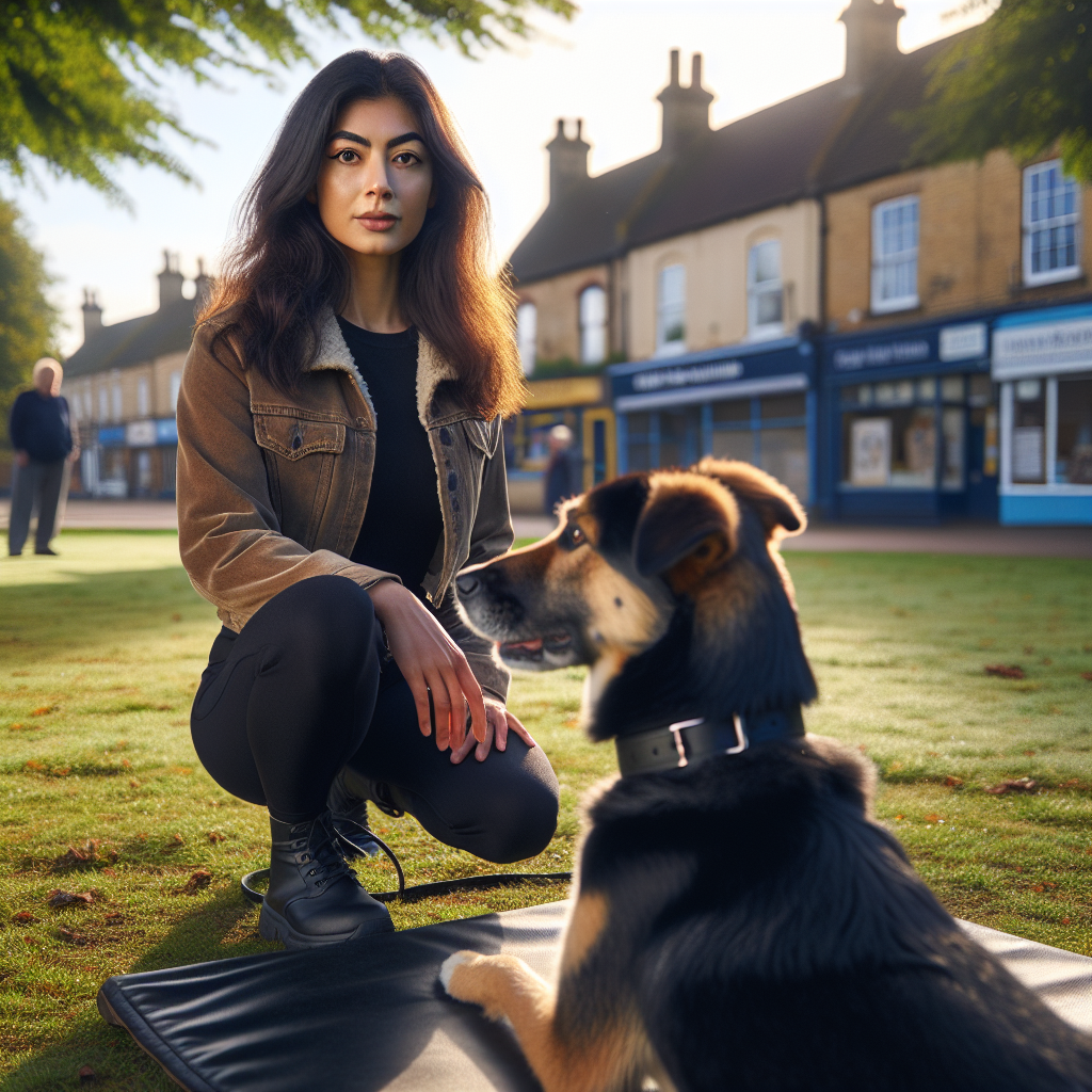 UK trainer teaching heel and settle to a mixed-breed dog in a leafy Grantham park