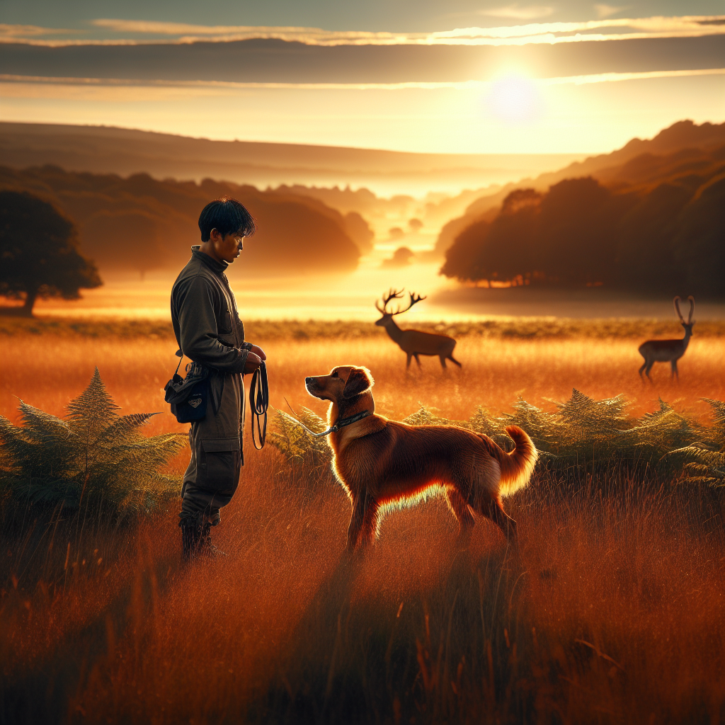 UK trainer guiding a calm dog on a long line while ignoring a distant deer